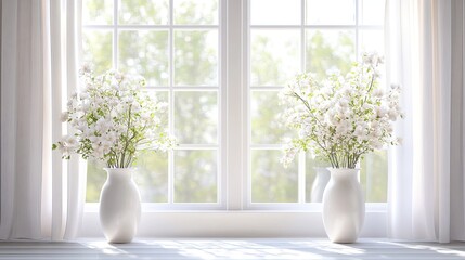 A serene room with two large windows, each adorned with a white vase filled with fresh flowers, allowing sunlight to gently illuminate the space.
