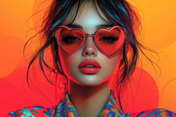 Obraz premium pop art style portrait of a woman wearing heartshaped sunglasses and a vibrant patterned jacket bold colors graphic elements and retroinspired design