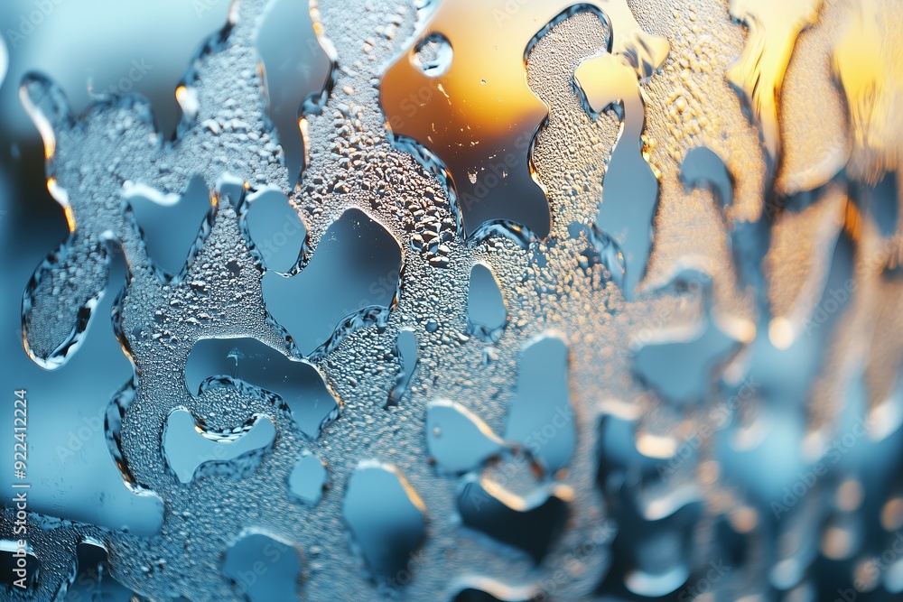 Poster close-up of condensation on glass with a warm sunset backdrop creating a beautiful abstract pattern