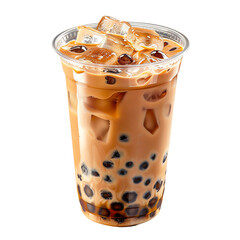 Close-up of a refreshing cup of iced bubble milk tea with tapioca pearls on white background. Perfect for a summer cooling beverage.