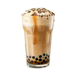 Refreshing glass of bubble tea with tapioca pearls, topped with frothy milk and caramel sauce, isolated on white background.