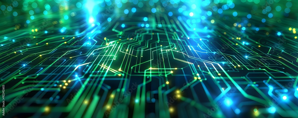 Aufkleber abstract circuit board with glowing lines and bokeh lights