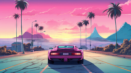 Car ride on the morning road in 80s retro synthwave or 00s vaporwave style.