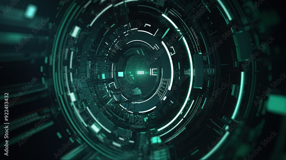 Poster Technology abstract background with hud styled round interface elements in neon tech light.