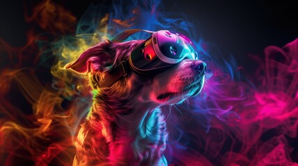 A dog wearing a virtual reality headset, illuminated by vibrant neon lights, creating a futuristic and high-tech atmosphere.