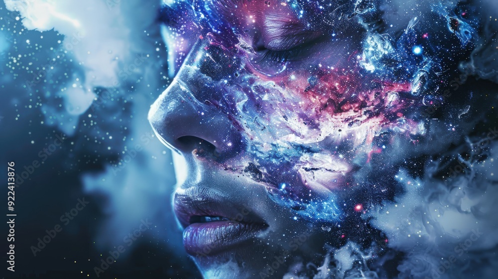Poster a person with closed eyes is enveloped in cosmic imagery, creating a blend of serenity and the vastn