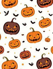 Repeating pattern of carved Halloween pumpkins and bats on a white background