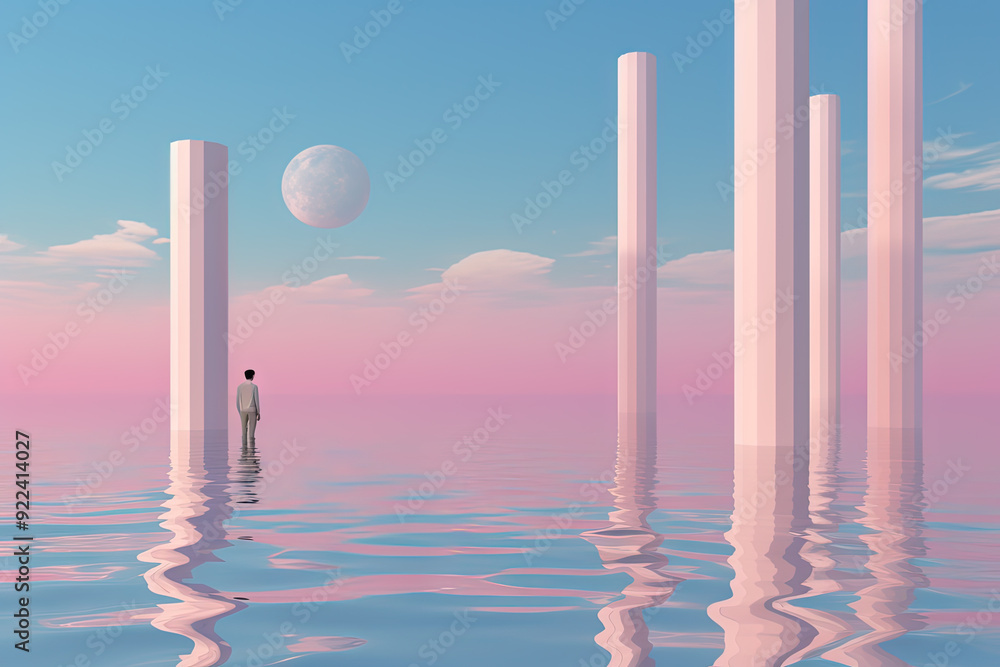 Poster surreal vaporwave landscape with abstract architecture elements on the water. dreamy landscape