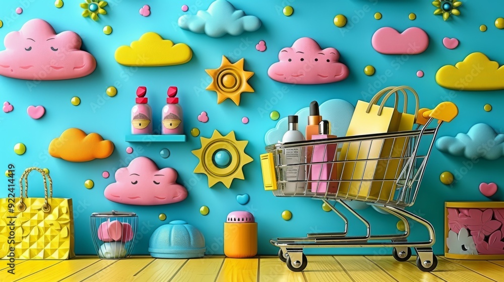 Poster an imaginative rendering of a virtual shopping cart loaded with an assortment of cosmetics and beaut