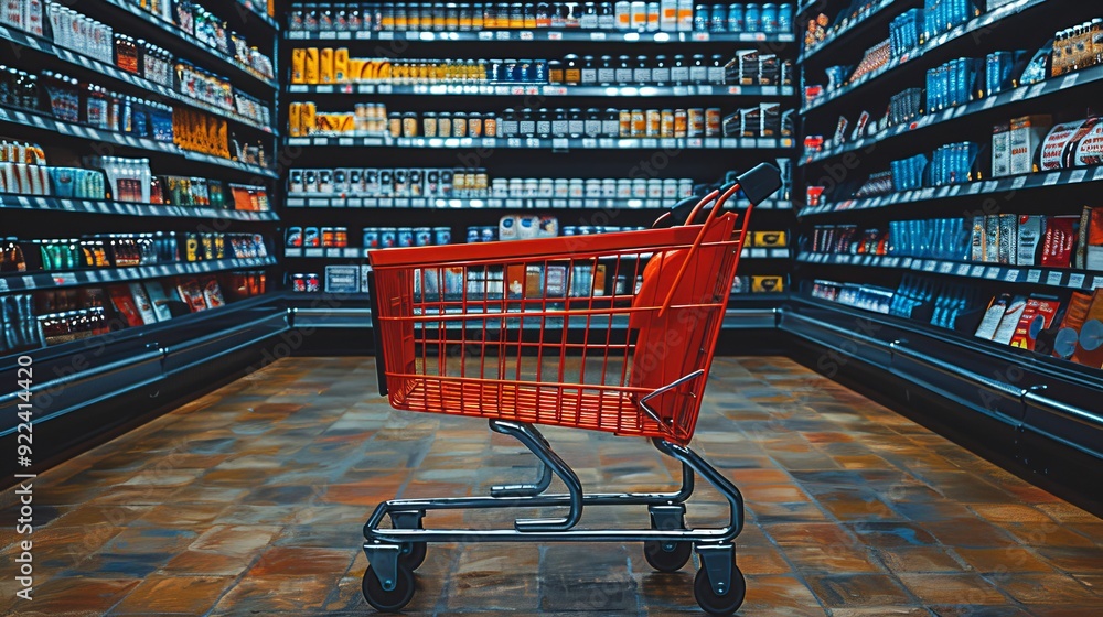 Poster an evocative concept art showcasing an empty red shopping cart stationed in the middle of a supermar