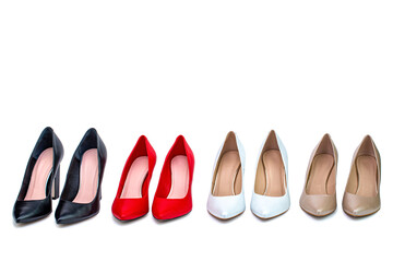 Shoe for women. Beauty and fashion concept. Fashionable women shoes isolated on white background. Stylish classic women leather shoe. High heel women shoes red, black, white, beige