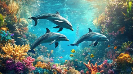 Obraz premium Elegant dolphins swimming through a coral reef, accompanied by a colorful array of fish and sea plants in the background.