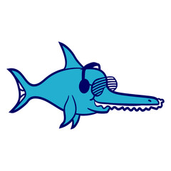 Music DJ Sawfish Saw Shark Fish Long Teeth Swimming Underwater Animal Sunglasses Headphone party comic humor cartoon cool techno dance fun electro sounds lovers like disco rave club festival concert