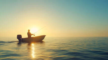 Obraz premium A European fisherman enjoying a peaceful sunset while fishing on a boat