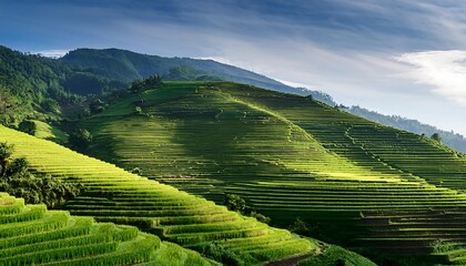 Fototapeta premium Serene green rice terraces cascade down lush mountain slopes, a vibrant tapestry of agriculture amidst island paradise