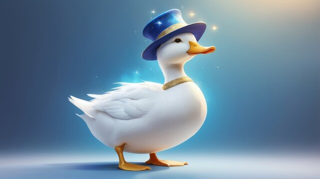 A stylish white duck adorned with a top hat and bow tie, exuding a playful and sophisticated demeanor.
