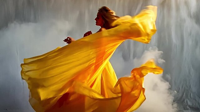 A stylish woman soaring on the wind while dancing in a golden silk dress. Gorgeous model with a yellow gown waving against a grey background. Joyful Girl with Imaginary Clothes