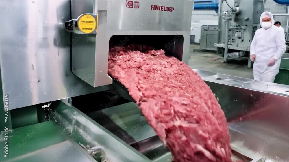 Aufkleber the ground meat is being processed and flows from the machinery.