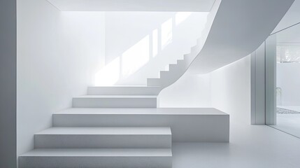 Fototapeta premium A staircase in pure white, leading to a platform of the same color, creating a seamless and minimalist design.