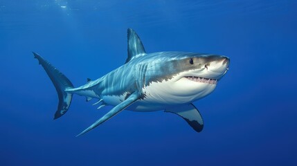 Fototapeta premium Great white shark in its natural habitat, cruising through the deep blue waters off the coast of a Mexican island.