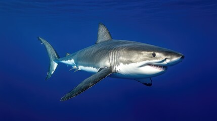 Obraz premium Great white shark in its natural habitat, cruising through the deep blue waters off the coast of a Mexican island.