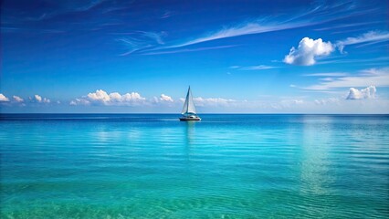 Obraz premium Clear blue sea meeting the endless sky with a lone sailboat on the horizon, ocean, water, sky, horizon, sailboat, serene, tranquil