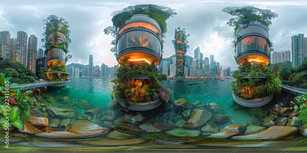 Poster an immersive 360-degree equirectangular panorama of hong kong in the future, featuring vertical fore