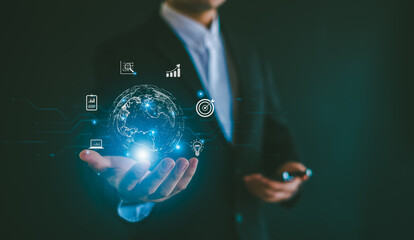 Big data and analytics visualization technology with scientist analyzing information structure on virtual screen,iot,  finance, machine learning to extract predictions for business.