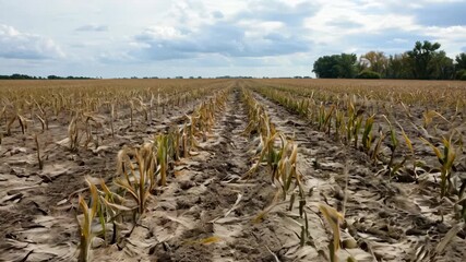 Dry cornfield with wilting plants. Natural disaster and drought concept. Global warming and climat change. Design for banner, poster. Agriculture and farming