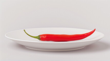Single Red Chili Pepper on Clean White Plate Isolated with Simple Minimalist Design, Suitable for Culinary, Food Art, and Restaurant Branding