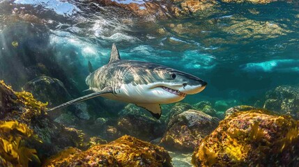 Fototapeta premium Majestic great white shark gliding past underwater rocks near a Mexican island, embodying the power of the ocean's top predator.