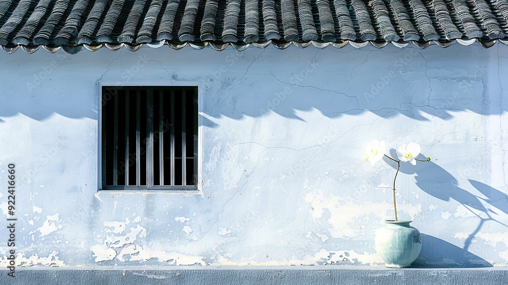 Wall mural a vase with a flower inside it sits by a window with bars alongside a tiled-roofed building