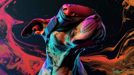 A dog wearing a virtual reality headset, illuminated by vibrant neon lights, creating a futuristic and high-tech atmosphere.