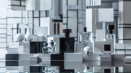 stylish arrangement of luxury perfume bottles a mirrored surface to enhance the elegance of the design