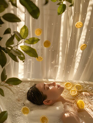 Woman Relaxing in a Sunlit Bathtub with Sliced Lemons and Greenery