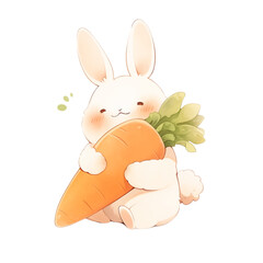 Cute cartoon bunny with a huge carrot isolated on a transparent background