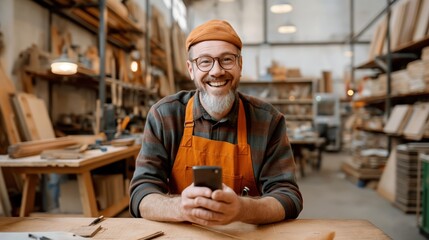 Fototapeta premium Smiling man in a woodworking shop holding a smartphone, wearing an apron with shelves of wooden materials in the background.