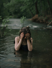 Young Woman Feeling Overwhelmed in a Serene River Setting