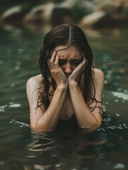 Young Woman Feeling Distressed in Natural Water Setting