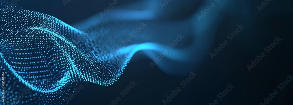 Poster stream of cyber particles falling across an abstract blue background. three-dimensional rendering of