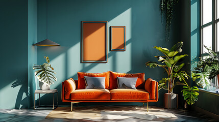 A modern living room with an orange couch, green plants, and a teal wall.