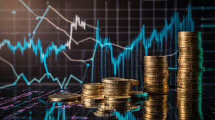 Coins with graphs and charts in the background, concept of growth and finance 