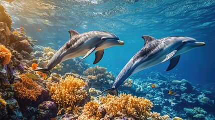 Fototapeta premium Playful dolphins swimming together near a coral reef, with the reef's rich biodiversity, including fish and sea plants, in the background.