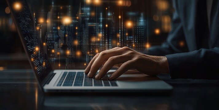 An illustration of coding programmer using a laptop with circuit board and java script on a virtual screen.