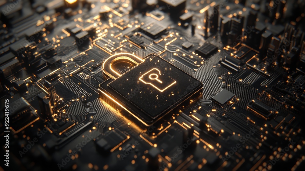 Poster security concept with padlock on chip processor - technology background. stereographic rendering in 