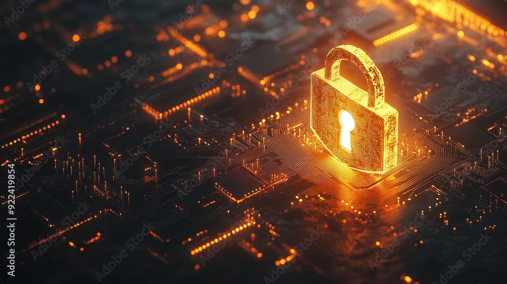Poster designed to protect and secure your data. padlock on microchip processor - technology background. 3d