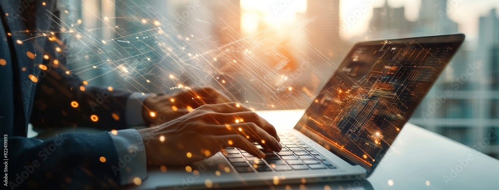 Poster the concept of business intelligence, a businessman with a laptop computer connected to a global net