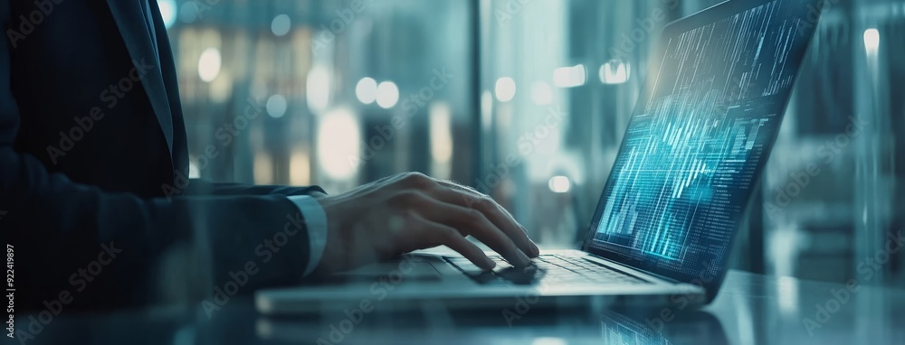 Aufkleber business intelligence, businessman using laptop computer with wireless internet connection, data sha