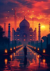  view of Taj Mahal by candlelight. indian holiday background for greeting card. Ramadan, Eid al-Fitr or Eid al-Adha. Diwali, Pongal, Ugadi, Gudi Padwa. 
 Cartoon Festive  Hindu banner, copy space.