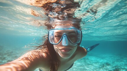 Naklejka premium Snorkeling lady in clear waters